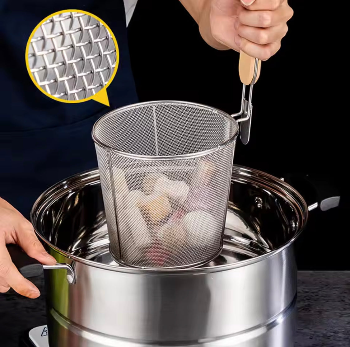 Stainless Steel Kitchen Strainer With Wooden Handle, Frying Food Colander With Long Handle, Potato Chef Colander Tool Frying, French Fries Basket, Kitchen Noodles Fried Strainer, Wire Fine Mesh Oil Strainer Stainless Steel Kitchen Strainer With Wooden Handle, Frying Food Colander With Long Handle, Potato Chef Colander Tool Frying, French Fries Basket, Kitchen Noodles Fried Strainer, Wire Fine Mesh Oil Strainer